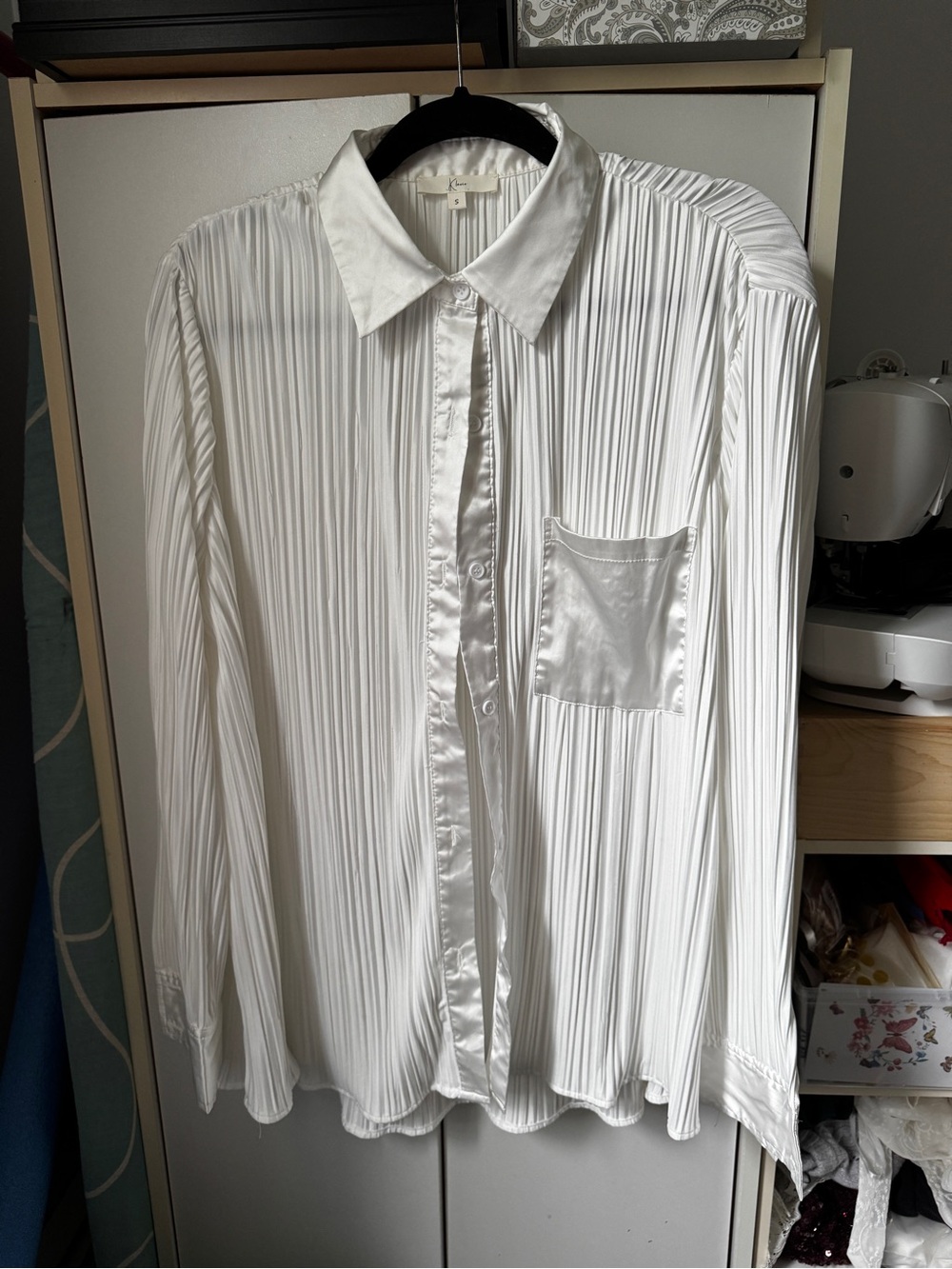 Plissé Satin-Trim White Button-Up Shirt